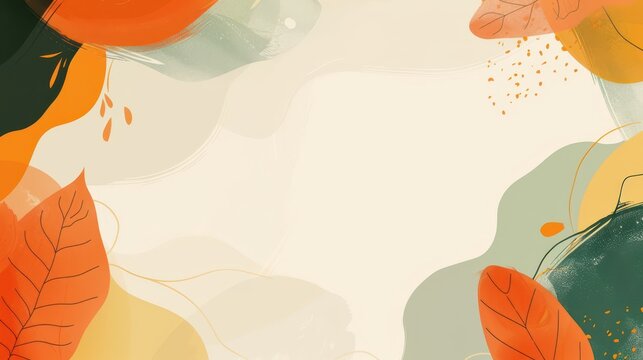 Abstract autumn leaves frame background with warm orange and green foliage for thanksgiving invitation and fall poster design. Flat illustration. Horizontal banner. Copy space