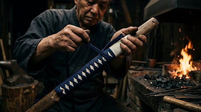 Japanese craftsman wrapping traditional sword handle in a forge