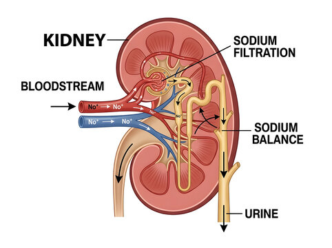 Kidney showing sodium filtration and balance process isolated on white background