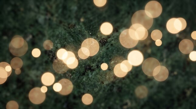 Abstract background featuring soft golden bokeh circles glowing against a dark green textured forest foliage backdrop