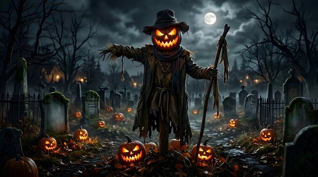 Scary pumpkin head scarecrow standing in a dark spooky graveyard at full moon night in halloween theme.