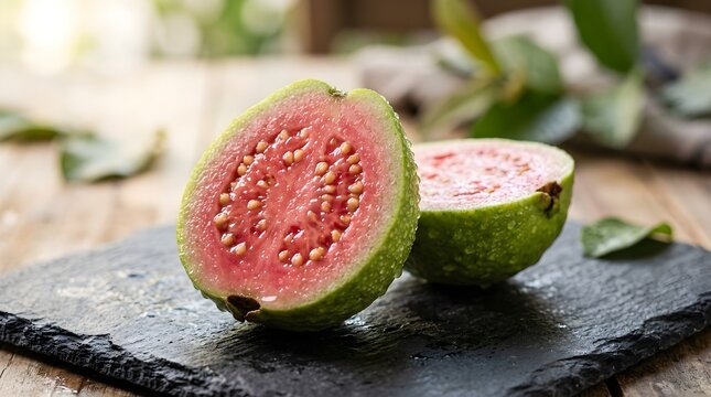 Fresh pink guava fruit halved on black slate board with water droplets provides vibrant tropical organic ingredient.