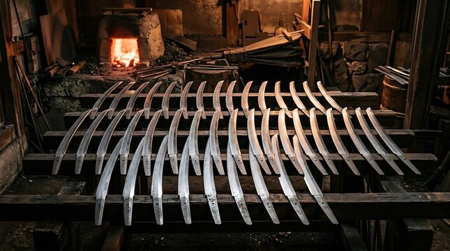 Row of handcrafted katana blades in a traditional blacksmith forge