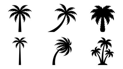 Fototapeta premium Palm tree silhouette icon set, flat black vector illustrations