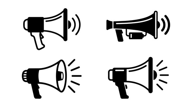 Megaphone icon set, flat black vector bullhorn silhouettes