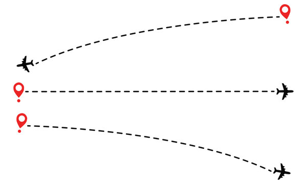 Flight route paths, airplane travel lines, plane journey map with dotted lines and destination pins