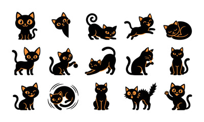 Obraz premium Set of cute cartoon halloween black cat characters in various poses isolated on a white background for design
