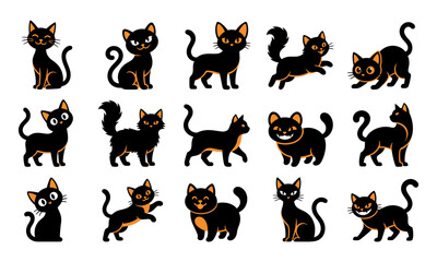 Obraz premium Set of cute cartoon halloween black cat illustrations featuring various playful poses and expressions for festive holiday design projects