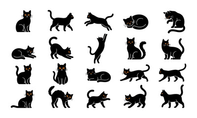 Fototapeta premium Set of various poses for a halloween black cat illustration featuring different feline silhouettes on white background