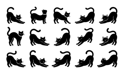 Obraz premium A collection of various poses featuring a spooky halloween black cat silhouette isolated on a plain white background
