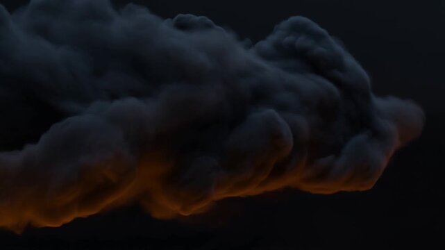 Dark smoke cloud billowing with orange illumination in a black atmospheric background