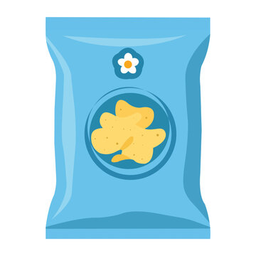 Blue packet of potato chips with flower logo