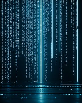 Digital binary code rain falling down against a dark background with blue glowing light effect representing cybersecurity and big data storage.