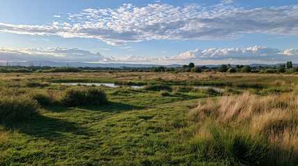 Fototapeta premium Wildlife habitat with shallow ponds and native plants in the area