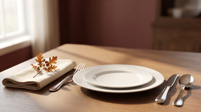 Table setting for Thanksgiving dinner featuring white plates, silver cutlery, a folded napkin, and an oak leaf decoration on a wooden table in a cozy dining room