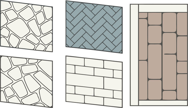 Five different stone and brick paving pattern samples, set texture