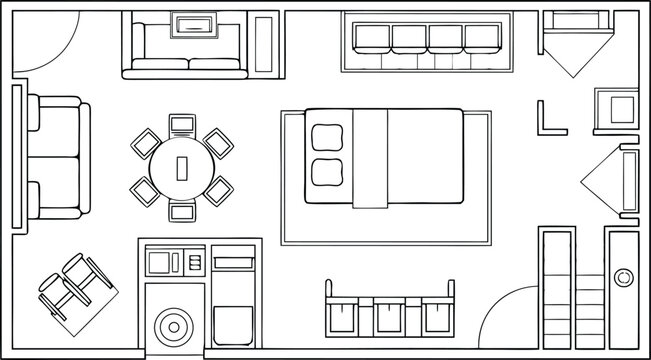 Down architectural floor plan of a furnished apartment layout