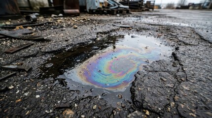 Fototapeta premium Urban oil puddle with colorful iridescent slick on cracked asphalt for environmental awareness poster background