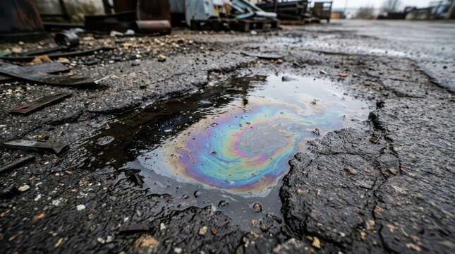 Urban oil puddle with colorful iridescent slick on cracked asphalt for environmental awareness poster background