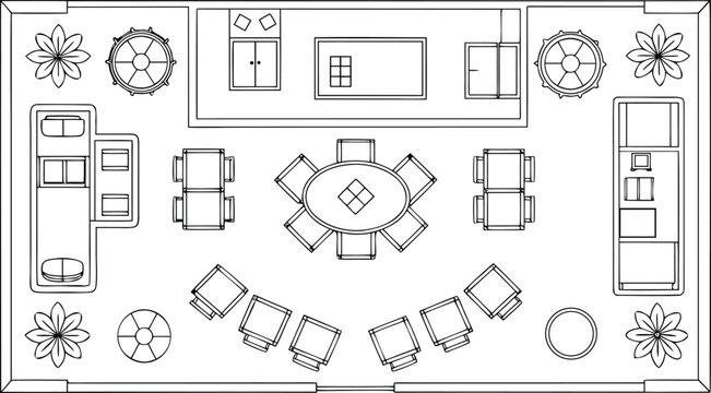 Architectural floor plan of a dining and lounge area, top-down view