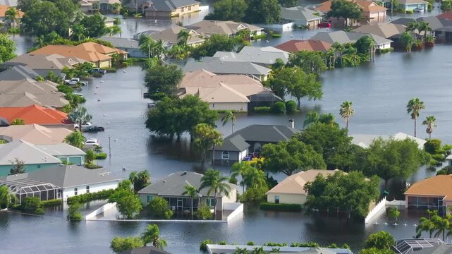 Flooding in Florida caused by tropical storm from hurricane rainfall. Suburb houses in residential community surrounded by flood waters. Aftermath of natural disaster
