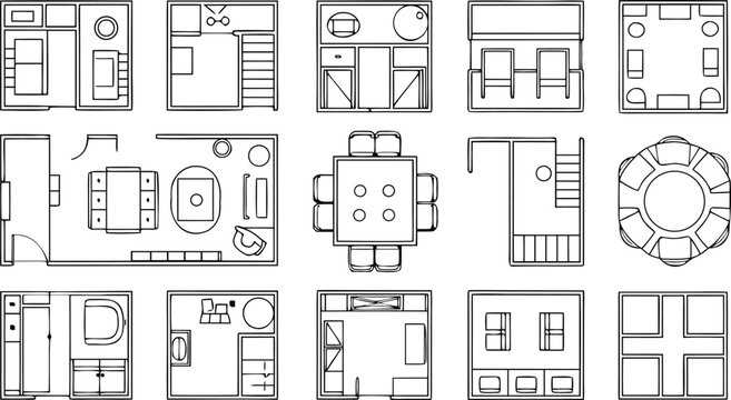Collection of hand drawn floor plans with furniture and room layouts