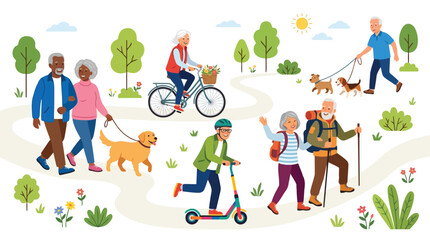 Fototapeta premium Seniors enjoying outdoor activities like walking, biking, and hiking in park