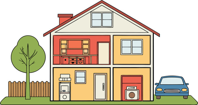 Cross section of a two story house with garage and blue car outside