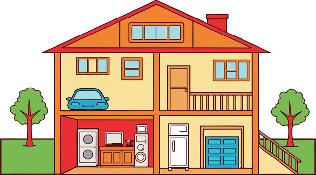 Cross section of a two-story house with garage and rooms home interior