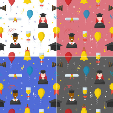 Graduation celebration seamless pattern with student icons and party elements