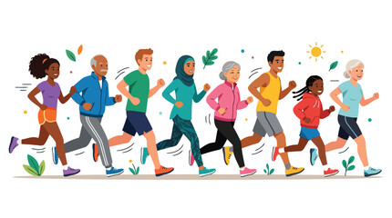 Obraz premium A diverse group of people of different ages and ethnicities are running together