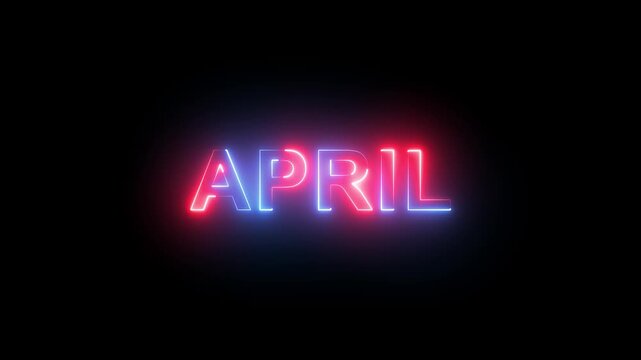 Dynamic glowing red and blue neon sign typography animation displaying the month of april with vibrant pulsating light effects and smooth glowing transitions on deep black background