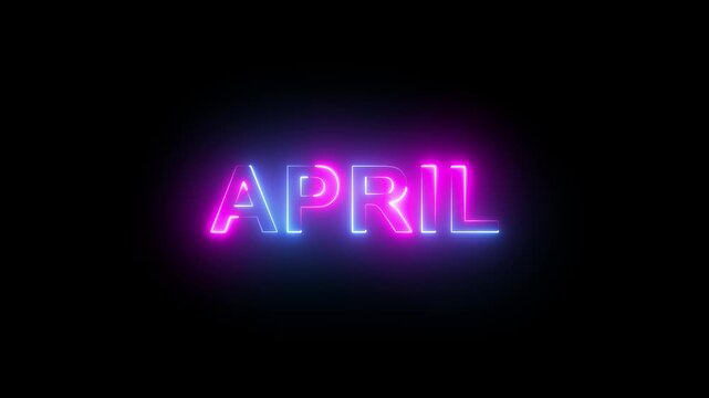 Glowing april neon sign animation with vibrant blue and pink light pulsing against a dark background, spring season promotions, and calendar intro motion