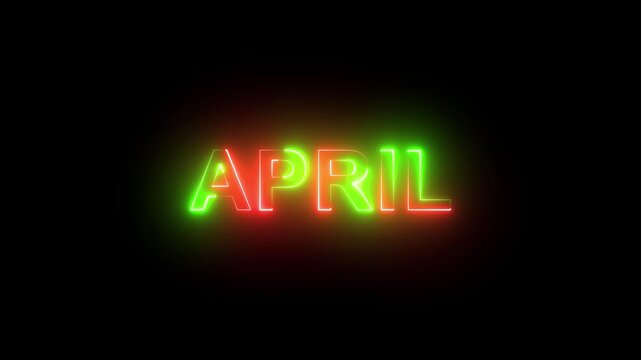 Glowing neon sign typography spelling april with vibrant red and green dynamic color shifts and pulsing light effects against a dark background, seasonal promotions and events