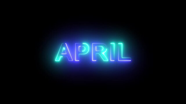 Vibrant glowing neon typography animation spelling out the month of april with electric blue and cyan light effects and smooth color transitions set against a deep immersive black background
