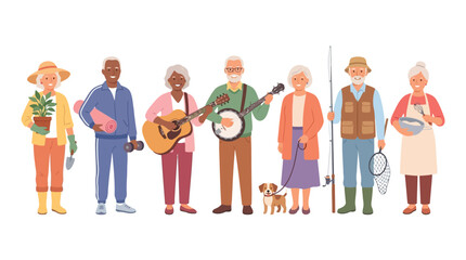 Obraz premium A group of diverse, active seniors engaged in various hobbies like gardening, music, fitness, fishing, and cooking