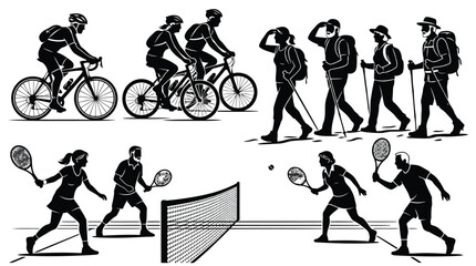 Obraz premium Black silhouette vector illustration of people engaged in outdoor activities such as cycling, hiking, and playing tennis