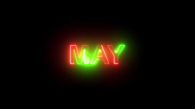 Vibrant red and green glowing neon light text animation spelling out month of may with smooth color shifting effects and glowing outline typography against a dark background