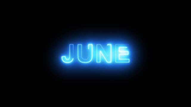 Vibrant blue neon sign displaying the word june glowing brightly with subtle flickering light effects against a solid black background, seasonal openings and celebrations