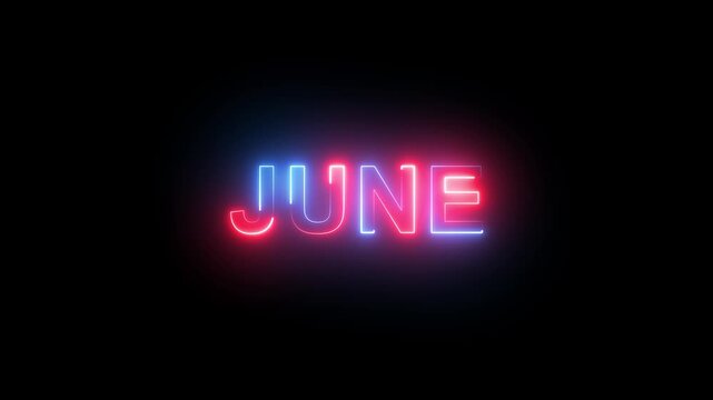 Vibrant june neon sign animation with glowing blue and red cyberpunk light effects on dark background, summer season openers, social media and event promotions