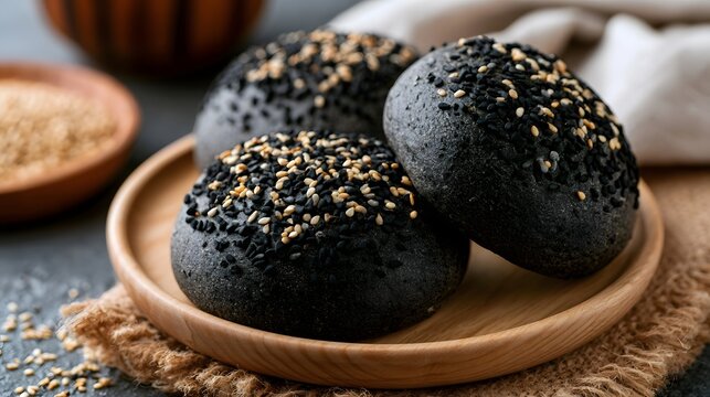 Three round black bread rolls topped with black and white sesame seeds  served on a wooden plate with rustic charm