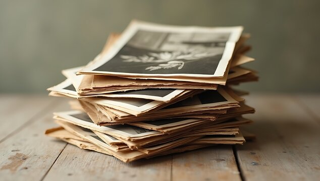 Stack of old photographs on a wooden table, vintage memories.
