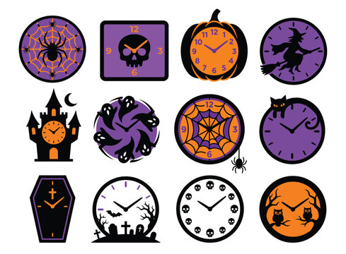 Funny Halloween Clock Icon Vector Set, Art Icons Illustration
