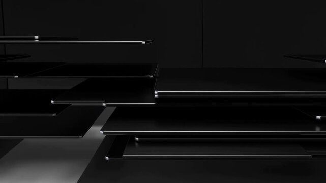 Abstract Black Layered Platforms with Reflective Edges in a Dark Geometric Setting