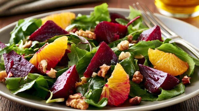 A vibrant salad with sliced beets  orange segments  and walnuts on a bed of fresh greens  served on a plate with a fork