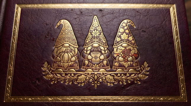 Three cute autumn gnomes with pumpkin and hot drink in a decorative golden frame