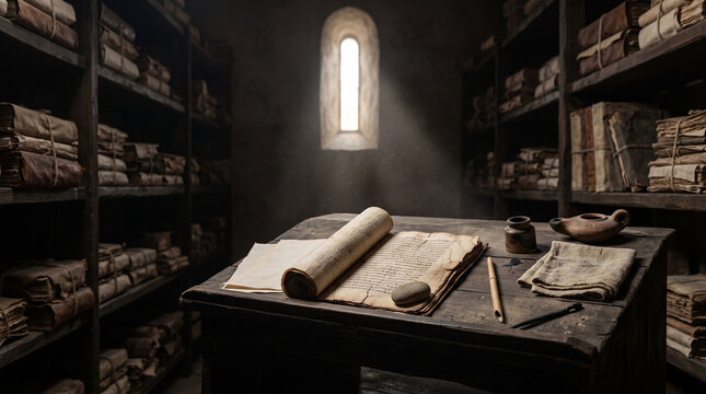 Ancient Codex on Conservation Desk with Magnifying Glass, Gloves and Papyrus Fragments