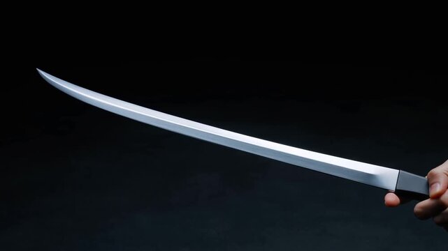 Sword held in hand against dark background with polished blade extending diagonally