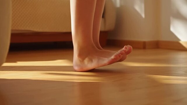 Bare feet standing on a sunlit wooden floor in a warm home interior