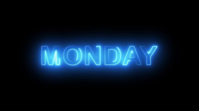 Bright neon blue monday text glowing against a dark black background, featuring realistic flickering light effects and smooth pulsing illumination for contemporary weekly schedule projects